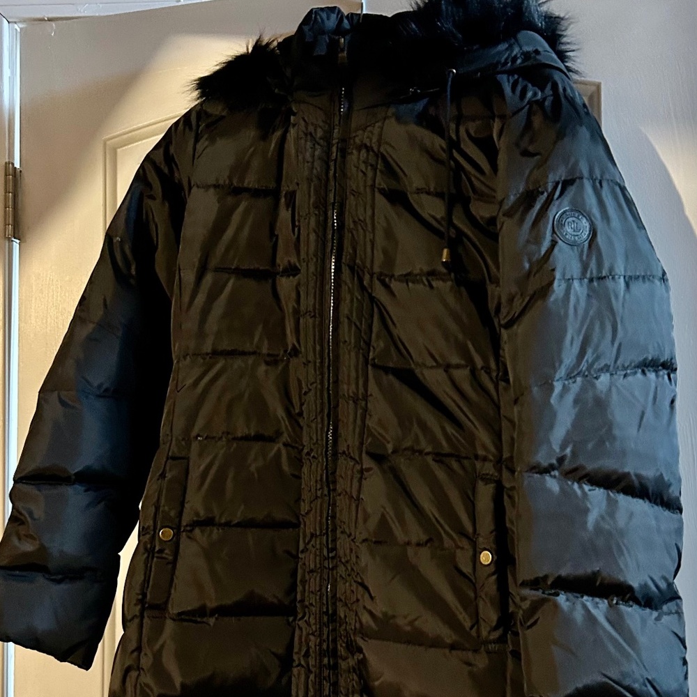 C53 Ralph Lauren Hooded Black Large Puffer CoatFaux Fur Trim